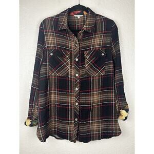 John Mark Plaid Floral Flowy Button Up Shirt Roll Tab Sleeves Size Medium